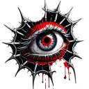 Satanic Realistic Eye, cracked and bleeding. dark black blood red. Bleeding Thorns black spider web and Silver Horns tattoo design idea