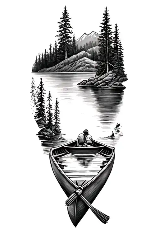 tricep tattoo of a canoe that incorporates the northern ontario landscape and tributes to two daughters tattoo design idea