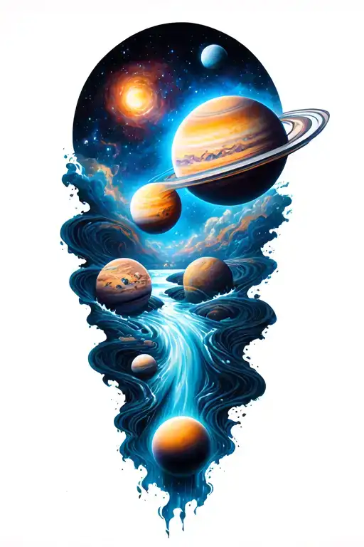a universe with alot of planets flowing down a nebula, the planets are inside the river tattoo design idea