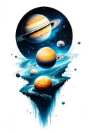 a universe with alot of planets flowing down a nebula, the planets are inside the river tattoo design idea