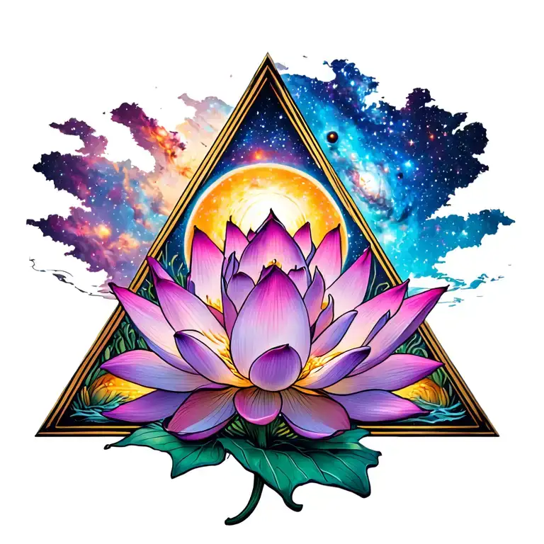A surreal, colour tattoo of a lotus flower inside a triangle frame, with a cosmic galaxy space scene within the petals.  tattoo design idea