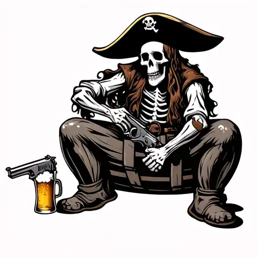 skeleton pirate sitting on a barrel holding a gun and beer tattoo design idea