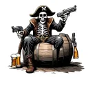 skeleton pirate sitting on a barrel holding a gun and beer tattoo design idea