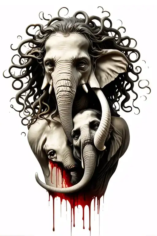 medusa holding a man's head and an elephant head bleeding tattoo design idea