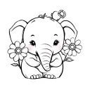 small tattoo of a cute elephant holding 3 flowers in greyscale fine line tattoo design idea