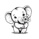 small tattoo of a cute elephant holding 3 flowers in greyscale fine line tattoo design idea