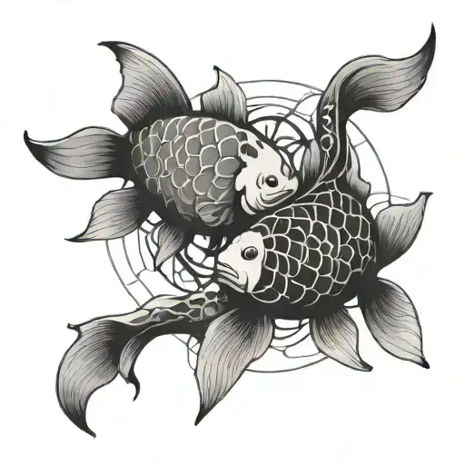 yin and yang koi fish swimming with geometric lines tattoo design idea