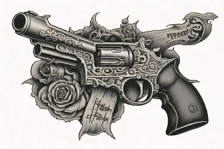 The inscription Haunted Family wraps around a gun held by a terrible ghost tattoo design idea