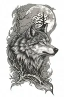wolf face howling at the moon in the burning forest tattoo design idea