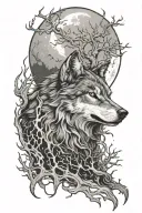 wolf face howling at the moon in the burning forest tattoo design idea