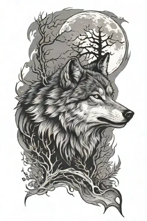 wolf face howling at the moon in the burning forest tattoo design idea