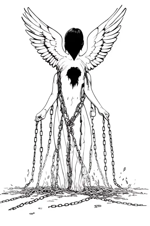 A person with bird wings breaking free from chains, representing overcoming social anxiety and a difficult past tattoo design idea