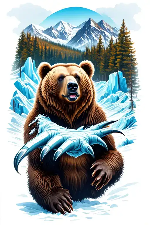 Grizzly bear in the fore ground with claws exposed with forest in fall with blue glacial mountains in the background wit tattoo design idea