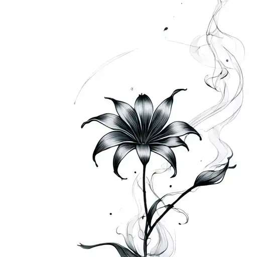 minimalist tattoo, finelined japanese spider lily with abstract smoke tattoo design idea