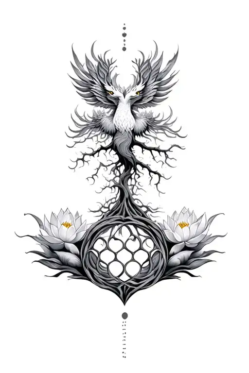 Oriental lotus flower Phoenix and tree of life vertical on the belly tattoo design idea