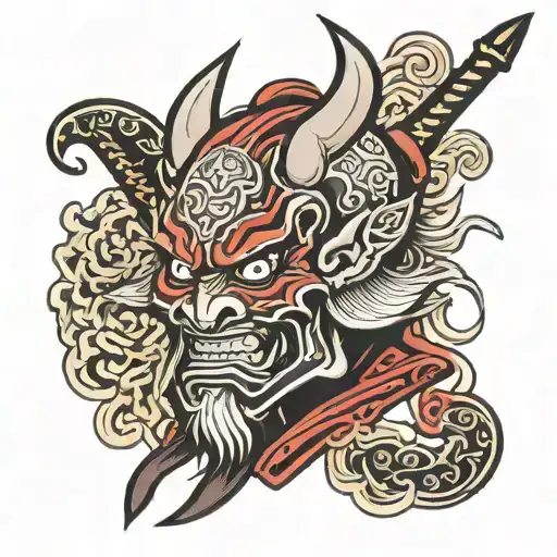 spade, samurai, japanase demon face tattoo design idea