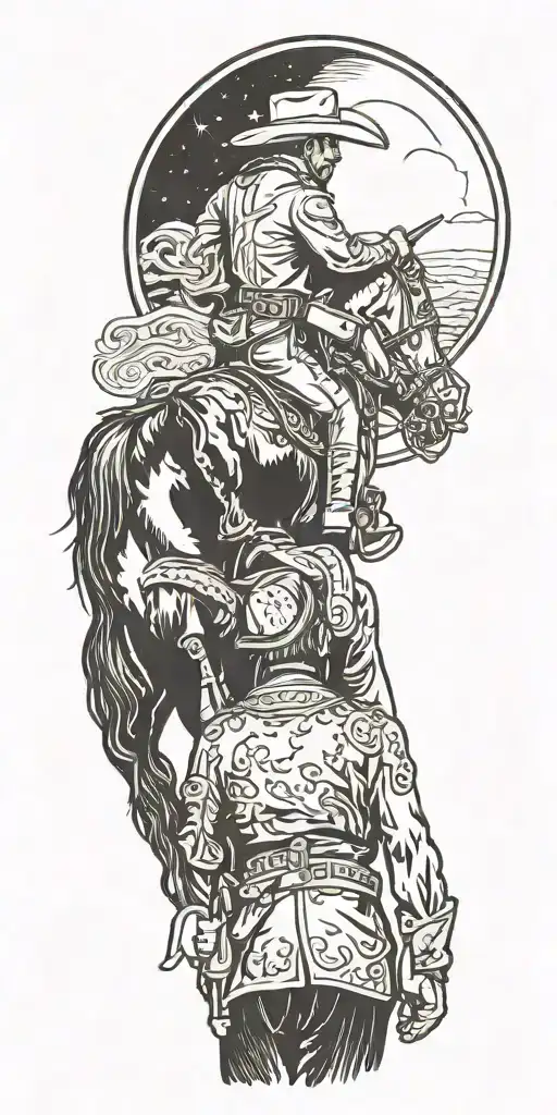 a Texas Ranger facing away. a black horse. tattoo design idea