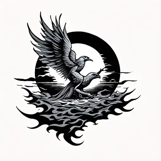 back tattoo of a rising sun with a phoenix rising from ashes tattoo design idea