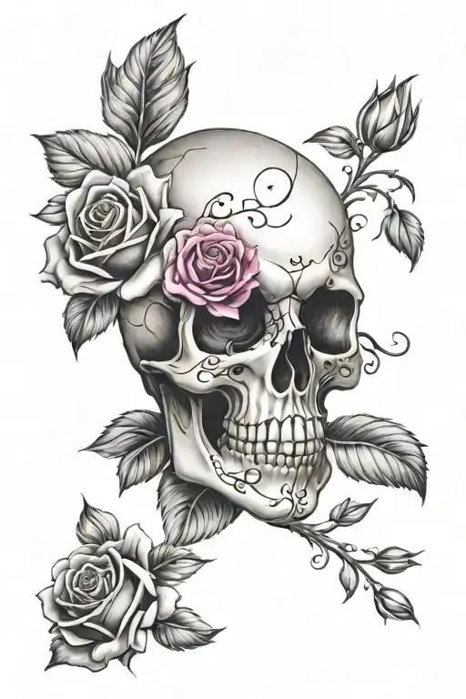 Skull with pink roses for women's thigh tattoo tattoo design idea
