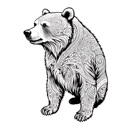 bear from side outline interwined with paisleys minimalistic, make less realistic. tattoo design idea