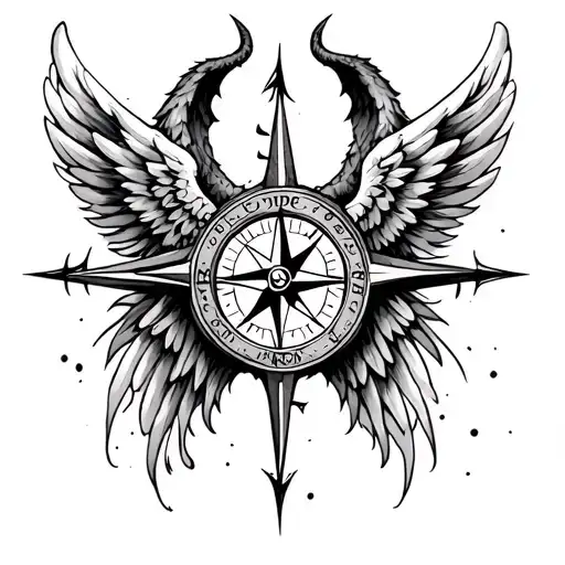 Compass Half Demon Angel Wings N7UxaxU7c55w9SobvHXn8C Black Grey Tattoo ...