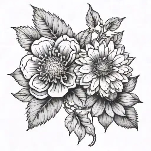 Two realistic flowers, one a cosmo and one a zinnia, facing each other tattoo design idea