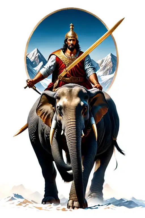 hannibal barca holding a golden sword on a war elephant crossing the Alps slightly facing the left tattoo design idea