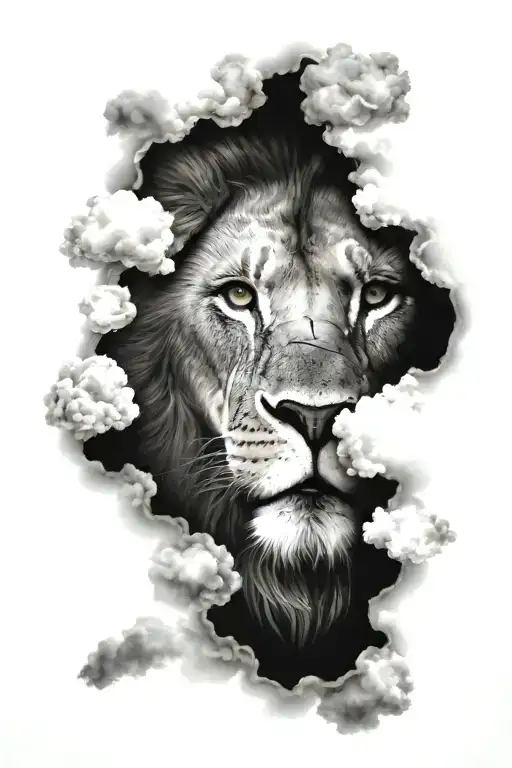 Lion face and clouds surrounding tattoo design idea