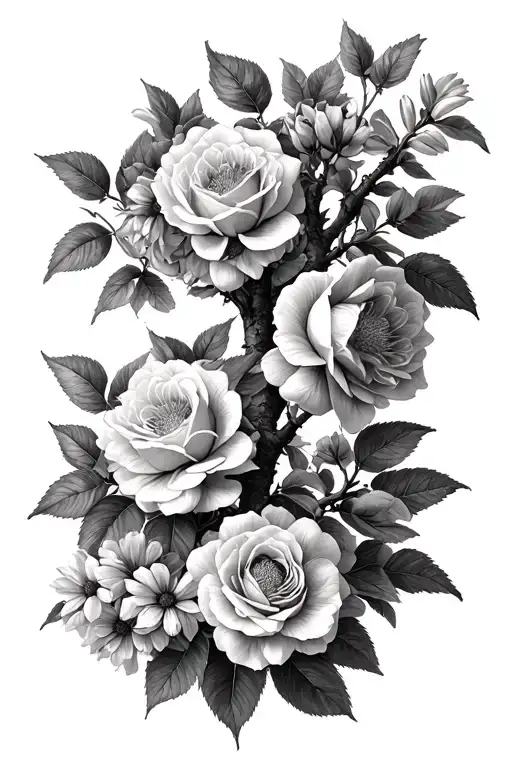 peach tree with roses and aster flowers tattoo design idea