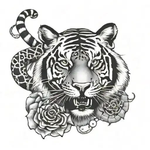 tiger and twins and snakes around tattoo design idea