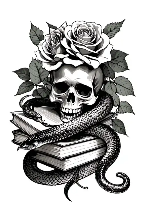skull, Roses, books, snake wrapping tattoo design idea