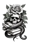 skull, Roses, books, snake wrapping tattoo design idea