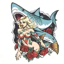 shark sexy blonde girl surrounded tattoo design idea