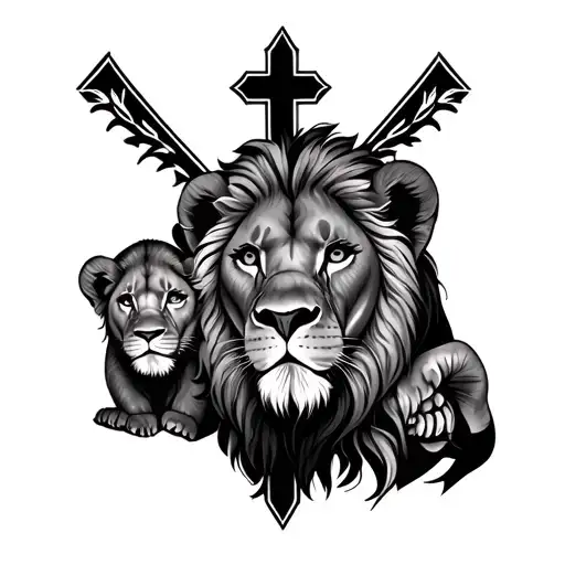 lion and 2 cubs faces with cross behind tattoo design idea