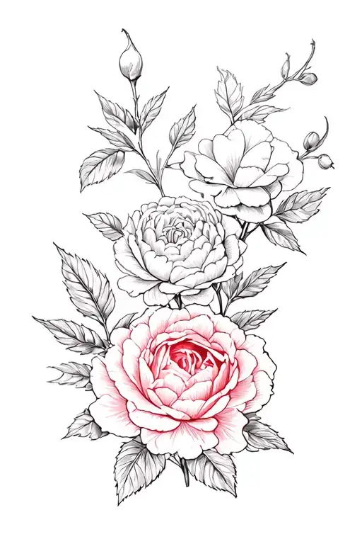 Cherry flower with peonies and red rose flowers tattoo design idea