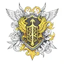 shield with crossed swords on phoenix wings tattoo design idea