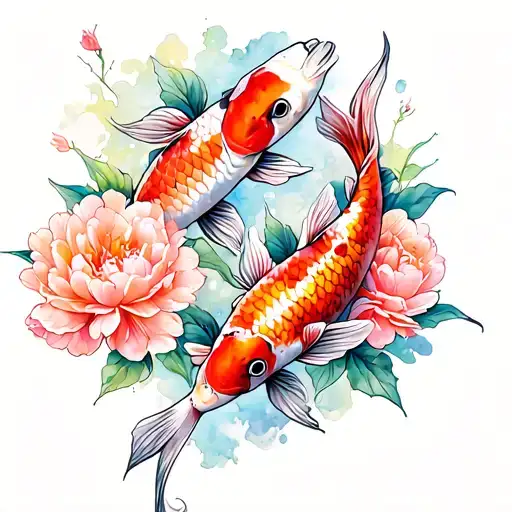 2koi fishes and peony flowers tattoo design idea