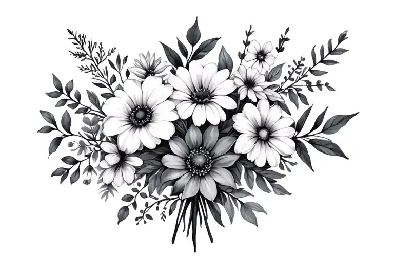 Bouquet of January, February, April May, September, October and December birth flowers tattoo design idea