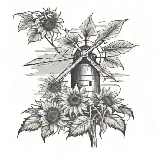 Dutch mills with sunflowers reaching towards the sky  tattoo design idea