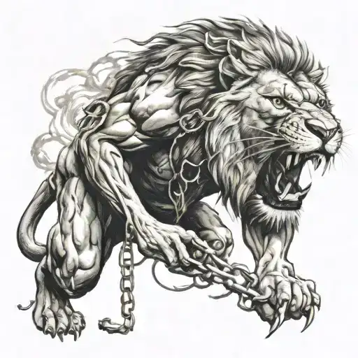 man chained to roaring lion trying to hold it back tattoo design idea