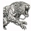 man chained to roaring lion trying to hold it back tattoo design idea