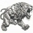 man chained to roaring lion trying to hold it back tattoo design idea