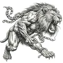 man chained to roaring lion trying to hold it back tattoo design idea