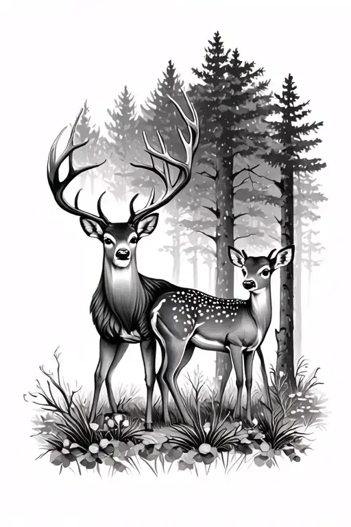 doe with her fawn in the forest and a buck standing behind them tattoo design idea