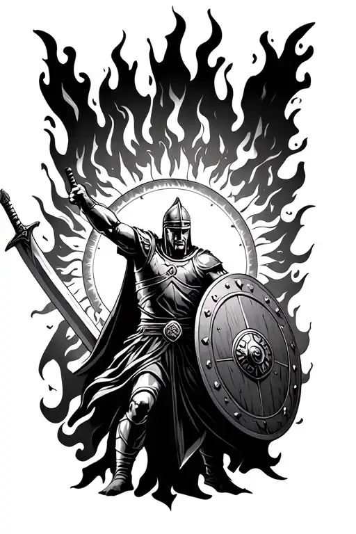 A sun in flames with a gladiator with his shield and his sword when an enemy defeated tattoo design idea