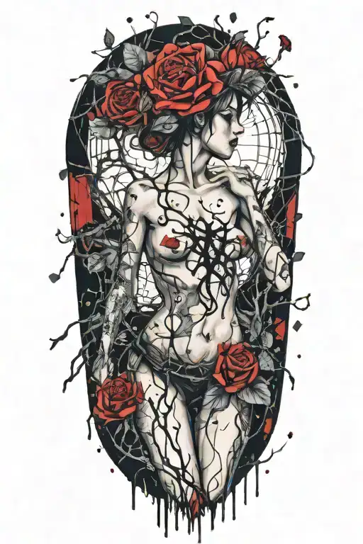 girl naked, broken chains, tree roots, roses tattoo design idea