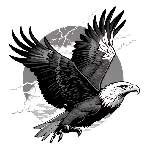 bald eagle flying through a cloudy lightning storm with LASER BEAMS coming from his eyes tattoo design idea