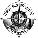 compass with a nautical map inside, text saying "Tempus Fugit Memento Mori", lighthouse, oceans, sunset tattoo design idea