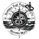 compass with a nautical map inside, text saying "Tempus Fugit Memento Mori", lighthouse, oceans, sunset tattoo design idea