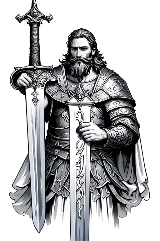 king arthur with beard holding a sword roman numbers of 20 and 21 on the sword  tattoo design idea